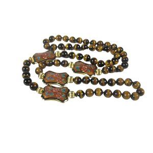 Guilloche Cloisonne Beaded Hand Knotted Vintage Necklace Tiger Stone 35 in FLAW